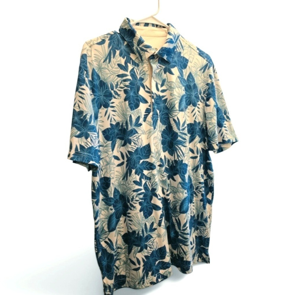 Izod Sport Tropical Floral Golf Polo Shirt Short Sleeve Men's M Blue Teal Cream